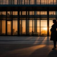 a powerful silhouette of a pregnant woman standing confidently in front of a corporate building at sunset, symbolizing resilience and the fight against wrongful termination in new york city.